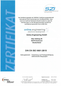 DIN EN ISO 9001 Zertifikat der Online Engineering GmbH